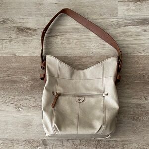Cream Pebbled Leather Shoulder Bag with Brown Strap